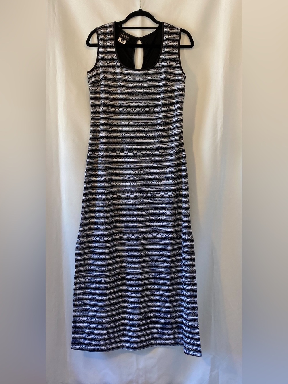 Women's Black White Tank Style Open Knit Lined Midi Summer Dress LG Normcore
